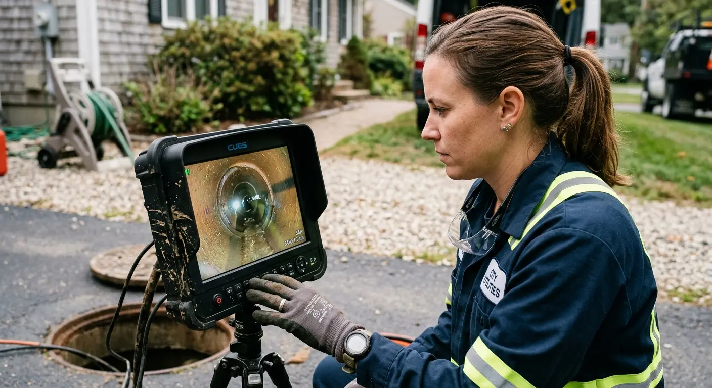 Technician reviewing sewer camera inspection footage in Corning