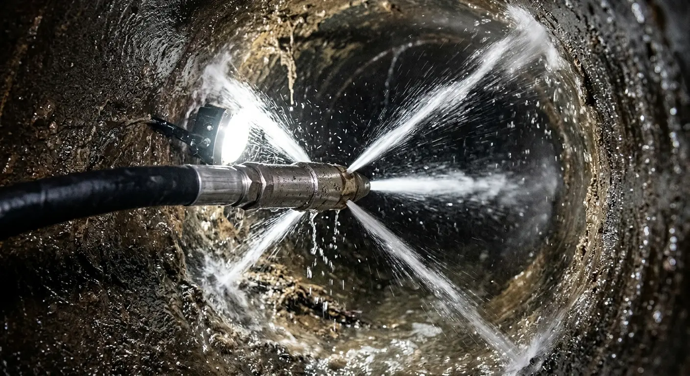 High-pressure hydro jetting nozzle cleaning sewer pipe for Emergency Drain Service in Corning