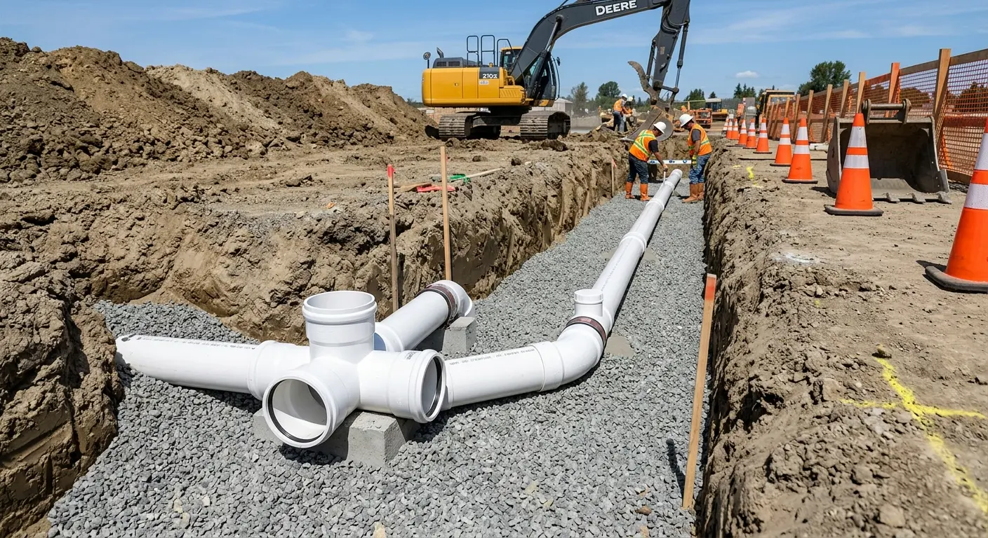 New PVC sewer pipe installation in open trench for Grease Trap Cleaning in Corning