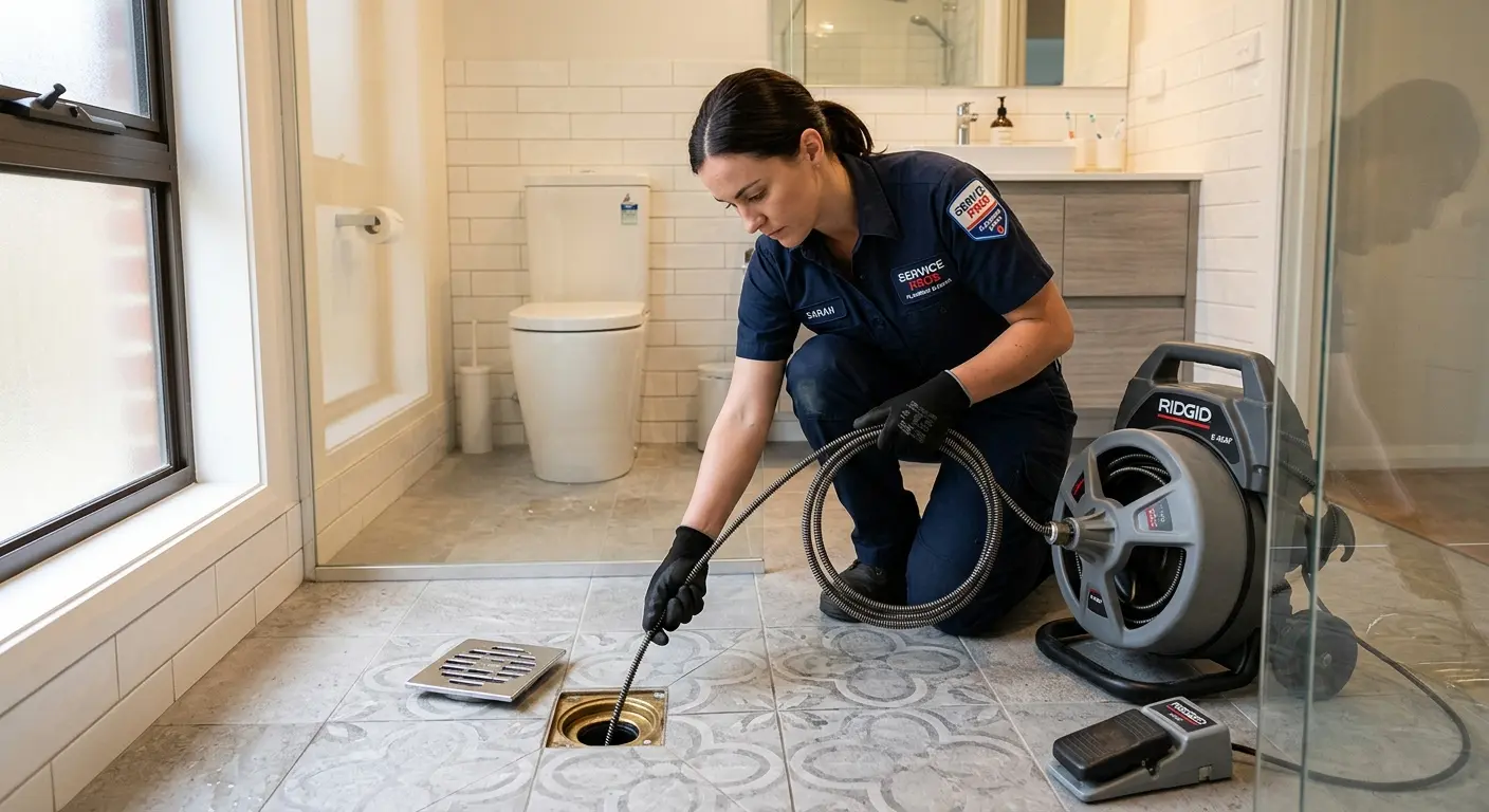 Technician clearing a bathroom floor drain for Sewer Line Installation in Corning